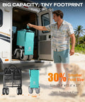 Man placing light blue folding beach wagon with protective case and 9 inch balloon wheels into RV, highlighting compact size.