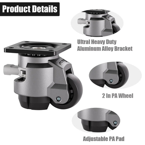 Beefy Four Pack Heavy Duty Leveling Casters With 2200 Pound Capacity And 360 Degree Swivel For Workbenches Machines And Furniture With 2 Inch Wheels Height Adjustable To Three Tenths Of An Inch