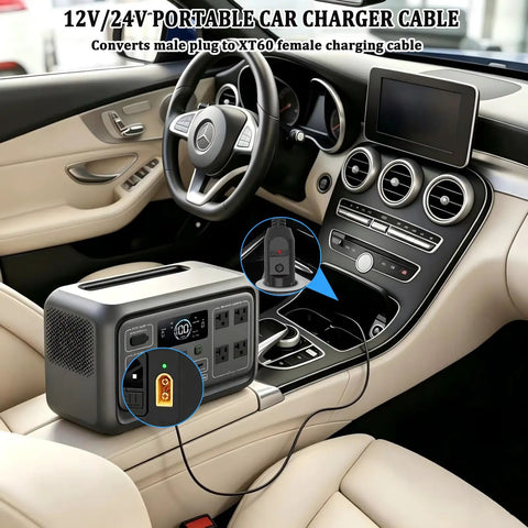Heavy Duty 12V 24V Car Charger Cable With Xt60 Connector Ten Foot Dc Adaptor connected to portable power station in car interior.