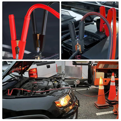 Heavy Duty 1 Gauge Car Battery Jumper Cables 25 Ft 900 Amp Auto Jump Starter Lead connected to a car battery.