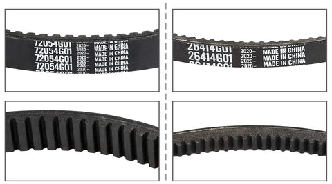 Drive And Starter Belt Kit For EZGO Gas Golf Carts 1994 And Newer showing OEM numbers and grooved texture on black belts.