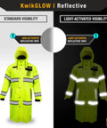 Torrent Trench High Visibility Rain Gear 2 Pack Class 3 ANSI OSHA Reflective Weatherproof Hi Vis Jacket Yellow Medium showing standard and light-activated visibility with reflective tape highlights.