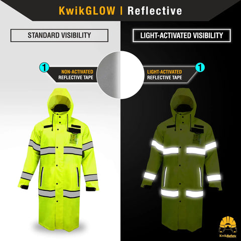 Torrent Trench High Visibility Rain Gear 2 Pack Class 3 ANSI OSHA Reflective Weatherproof Hi Vis Jacket Yellow Medium showing standard and light-activated visibility with reflective tape highlights.