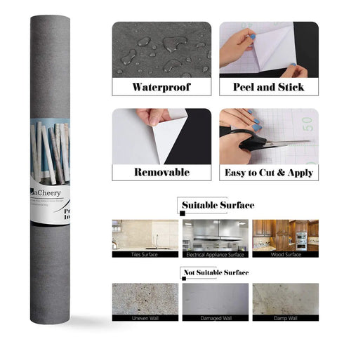 Extra Thick Matte Concrete Wallpaper Roll Peel And Stick Dark Grey Vinyl Contact Paper For Walls Furniture And Countertops DIY Friendly Durable Waterproof Bubble Free Easy Apply 12 By 317 Inches, showing waterproof and removable features, installation and suitable surfaces.