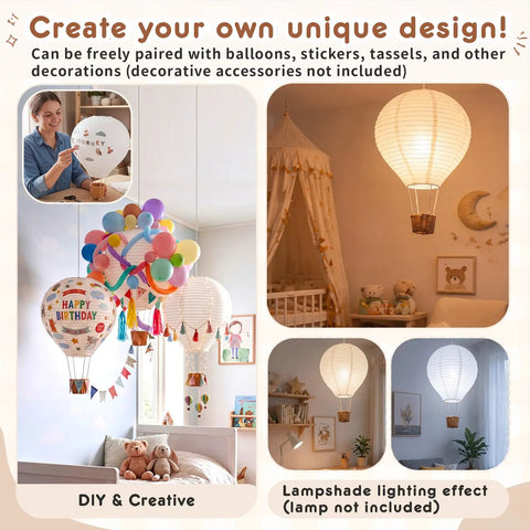 Three Piece 14 Inch Hot Air Balloon Lampshade Set Without Light White Linen Fabric Hanging Decorations For Nursery Kids Room Living Room Baby Shower Party Gift displayed in a nursery with colorful balloons