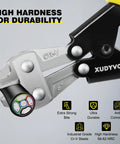 XUDYVCO 8in bolt cutters, close-up of black handle and silver CR-V jaws with non-slip grip
