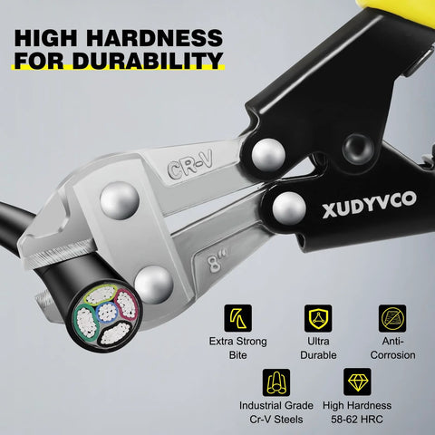 XUDYVCO 8in bolt cutters, close-up of black handle and silver CR-V jaws with non-slip grip