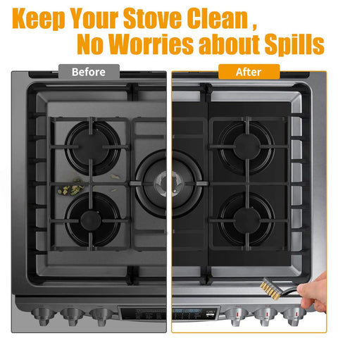 Before and after using Three Pack Extra Long 32 Inch Stove Burner Covers For Gas Range Half Millimeter Thick Reusable Nonstick
