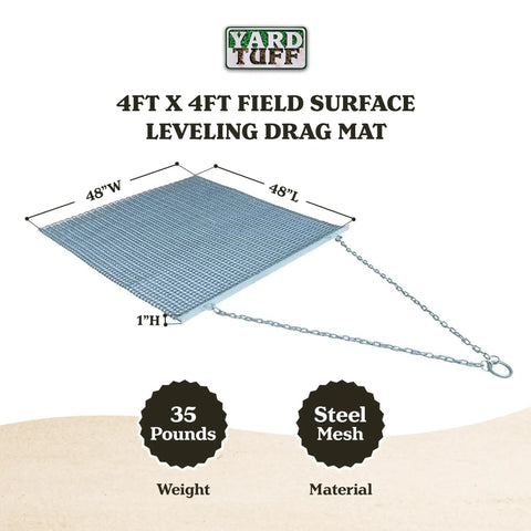 Heavy Duty Zinc And Steel Mesh Field Drag Mat for Surface Leveling with Tow Chain, 4x4 ft dimensions shown.