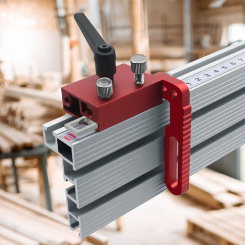 Rock Solid Aluminum T Track Stop Block For Table Saw Push Block Hella Tight Fit T30 T45 T Slot Rail Jig close-up on secured tracks