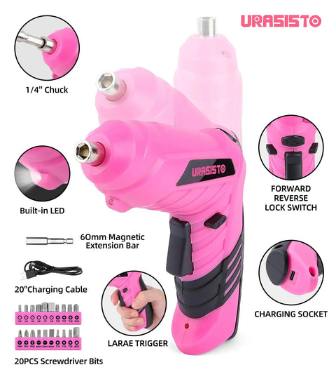 Pink 136 Piece Cordless Tool Set With 3.6V USB Electric Screwdriver featuring charging socket and forward-reverse lock switch