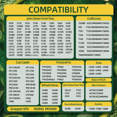 Compatibility chart for Front Tire And Wheel Assembly 15x6.00-6 Two Pack For Riding Lawn Mower Replacement
