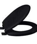 Black soft padded toilet seat with comfy sponge cushion, easy to install, durable polypropylene, non slip hinges, embroidered style