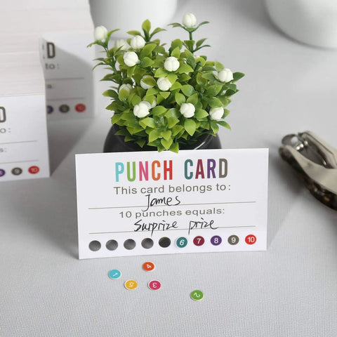 Punch Card Loyalty Pack Of 200 For Kids And Students Reward Cards For Classroom Behavior Incentives Teachers Can Use For Chores At Home Or For Grades Office Boost shown with card displaying punches next to decorative plant