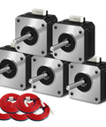 Nema 17 Stepper Motors Kit, 5 Pack, 42x23mm 42BYGH with 1m cables for CNC and 3D printers, shown stacked with red wires