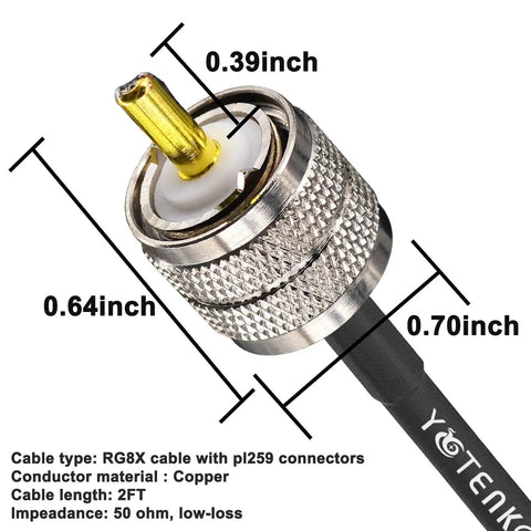 Close-up of RG8X Jumper Coax Cable 2 Ft 3 Pack UHF PL259 Male to Male Low Loss 50 Ohm connector with measurements