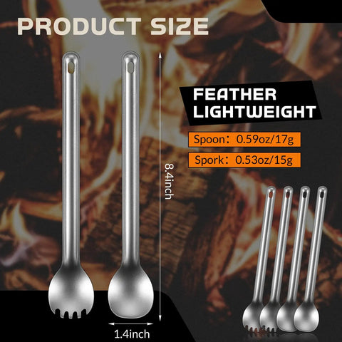 4 Piece Titanium Long Handle Spork And Spoon Set Ultralight 8.4 Inch Flatware for camping with size details on campfire background
