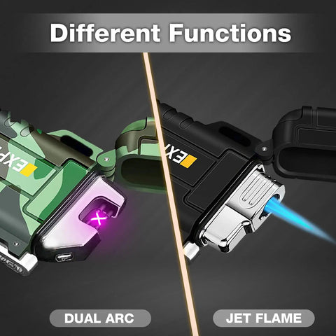 Image showing the 2 Pack Waterproof Lighters For Outdoors, Windproof Torch And USB Rechargeable Arc Lighters, with dual arc and jet flame features.
