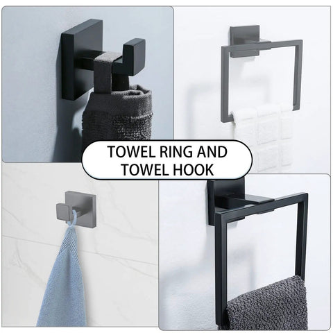 Matte Black 4 Piece Stainless Steel Towel Bar Set For Bathrooms Wall Mounted Hardware Kit With Towel Rack Robe Hook And Toilet Paper Holder Rust Resistant SUS304 Bath Accessories showing towel ring and hook.