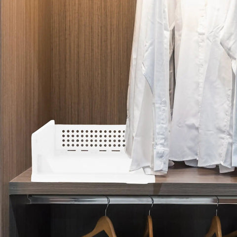 Straight Up Sleek White Plastic Foldable Storage Basket Pull Out Wardrobe Drawer Organizer For Clothes Books Makeup Nifty Space Saver Bin That Kicks Clutter To The Curb Fast on a shelf with a white shirt.
