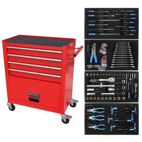 Red 4 Drawer Rolling Tool Cabinet With 4 Wheels And Parking Brakes 24.4 Inch Mobile Tool Chest With Ball Bearing Drawers For Garage Warehouse And Workshop Workhorse Heavy Duty Metal Storage Chest For Tools And Parts, front view