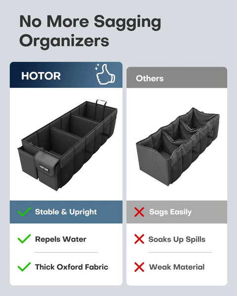 Trunk Organizer With Built In Cooler Bag For Cars And SUVs, Heavy Duty Foldable Storage, black with compartments, stability comparison.