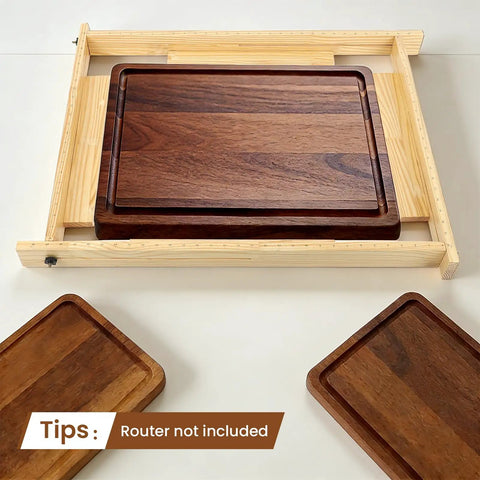 Heavy Duty Solid Wood Router Jig For Cutting Boards, adjustable guide holding a wooden cutting board with juice grooves.