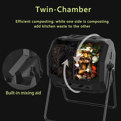 43 Gallon Outdoor Tumbler Compost Bin With Dual Compartment Design Rotating Garden Composter For Efficient Aeration And No Fuss Two Step Composting Green Door with built-in mixing aid.