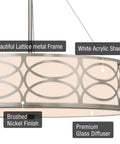 Modern Lattice Drum Pendant Chandelier 3 Light Hanging Light With Glass Diffuser In Brushed Nickel Finish close-up of lattice frame