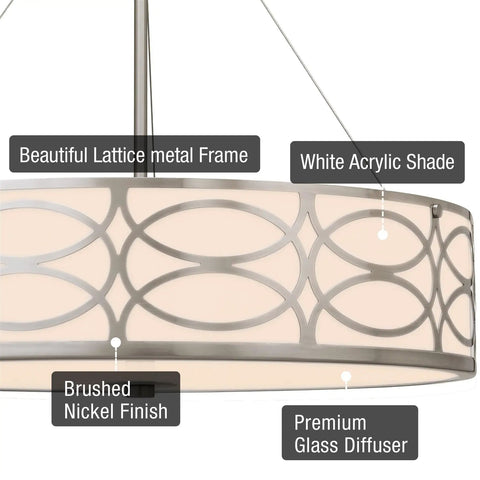 Modern Lattice Drum Pendant Chandelier 3 Light Hanging Light With Glass Diffuser In Brushed Nickel Finish close-up of lattice frame