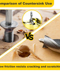 Comparison of countersink results showing clean hole vs. rough hole with Pro Grade Built To Last Adjustable Depth Stop.