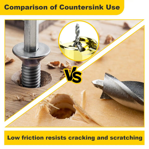Comparison of countersink results showing clean hole vs. rough hole with Pro Grade Built To Last Adjustable Depth Stop.
