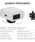 Pro Grade Light Meter For Photography With 0.1 To 100,000 Lux Range, 32-Bit Sensing, Incident And Reflective Metering, Hot Shoe And Cold Shoe Mount, Long Standby Up To 26 Hours, Multi Port Connectivity, And Adjustable F Stop From F1.0 To F2.0 shown with dimensions and mount adapter