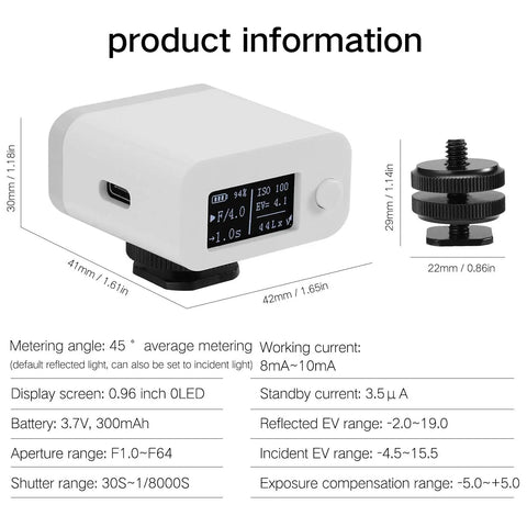 Pro Grade Light Meter For Photography With 0.1 To 100,000 Lux Range, 32-Bit Sensing, Incident And Reflective Metering, Hot Shoe And Cold Shoe Mount, Long Standby Up To 26 Hours, Multi Port Connectivity, And Adjustable F Stop From F1.0 To F2.0 shown with dimensions and mount adapter