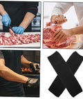 2 Pairs Cut Resistant Arm Sleeves Heavy Slash Proof Arm Guards For Welding Gardening And Mechanic Jobs Built Tough With Breathable PE Mesh shown with chefs preparing meat.