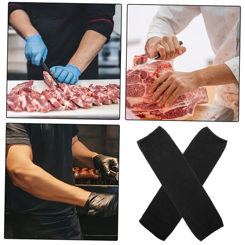 2 Pairs Cut Resistant Arm Sleeves Heavy Slash Proof Arm Guards For Welding Gardening And Mechanic Jobs Built Tough With Breathable PE Mesh shown with chefs preparing meat.