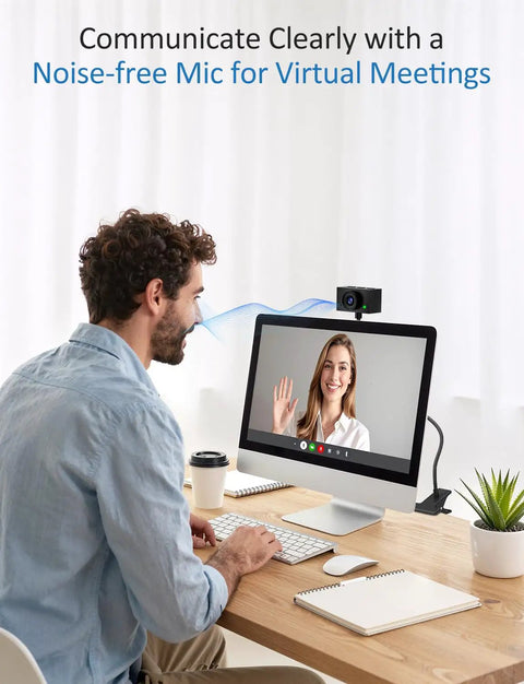Man using Crisp 1080P Streaming Webcam For Pc And Laptop With Built In Mic on a computer for video calls.