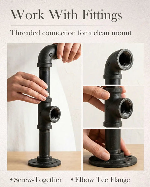 Hands assembling Half Inch By Twenty Four Inch Black Malleable Iron Pipe Nipples Fittings Ten Pack Threaded Both Ends With Rust Preventive Coating