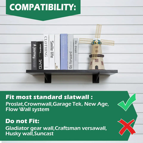 Compatibility chart for 12 Inch Slatwall Shelf Bracket Heavy Duty Lip For Garage And Retail Displays Universal Slatwall Compatibility Fits Proslat Crownwall Garage Tek New Age Flow Wall Systems 16 Pack