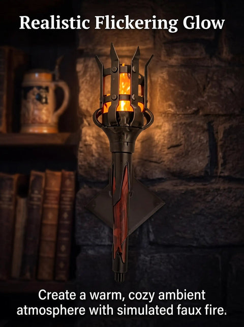 Medieval LED Torch Wall Sconce Flickering Flame Castle Light (Red) with faux flame on a wall in a cozy setting.