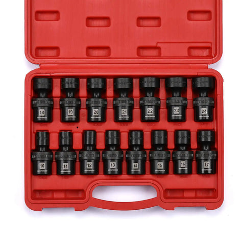 Beefy Fifteen Piece Half Inch Drive Shallow Universal Impact Socket Set with CRMO Steel in red storage case