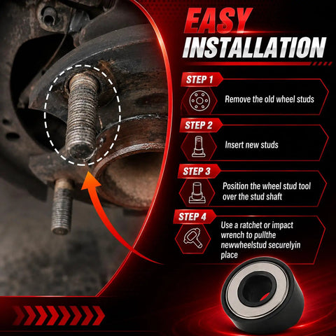 Heavy Duty Wheel Stud Installer Kit With 3 Type Hex Lug Nuts For Fast Car Repair OEM Standard Tool To Install New Auto Parts Safely Without Stripping Threads. Wheel stud close-up during easy installation steps.