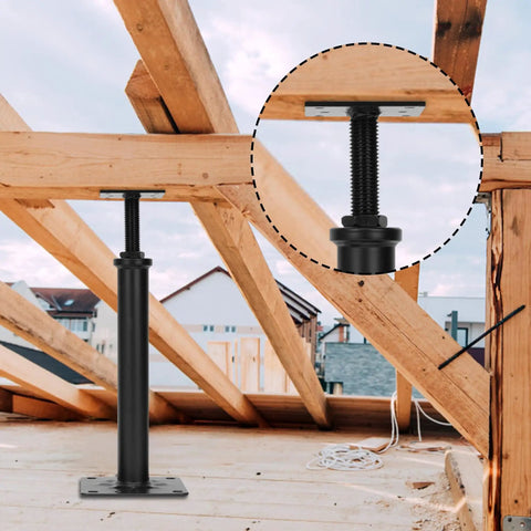 4 Pack Adjustable Floor Jacks For Leveling And Temporary Basement Support in use under wooden beams, telescoping post visible