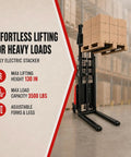 Heavy Duty Semi Electric Pallet Stacker Heavy Lifting Beast With 3500 Pound Capacity And Super Narrow Profile built for tight warehouse corridors.