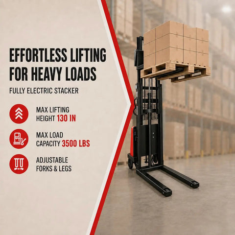 Heavy Duty Semi Electric Pallet Stacker High Lift Pallet Jack Boasts 3500 Lbs Capacity And 95 Inch Reach for easy large load lifting in warehouses.