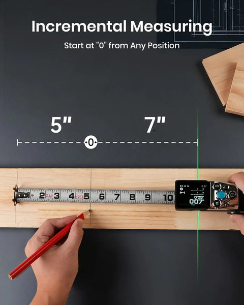 Digital Tape Measure And Laser Distance Meter Combo For Pro And DIY Use With 12ft Digital Tape And 330ft Laser Range Perfect For Home Improvement Construction Woodworking And Long Distance Measuring measuring wood board with incremental start at 0