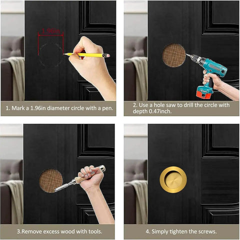 Installation process of Slick Round Finger Pull Set 2 Pack Brushed Gold Flush Recessed Door Handles Stainless Steel Invisible Pulls