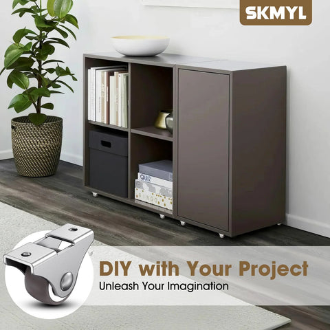 2 Inch Small Fixed Caster Wheels With Low Profile And Quiet Rolling For Furniture Drawers And Storage Bins Brown Set Of 4 Durable Thermoplastic Rubber Caster Wheels For Smooth Mobility And Easy Furniture Upgrades installed on a dark brown cabinet in a living room.