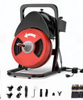 Rugged Heavy Duty 50 Foot Electric Drain Snake And Sewer Auger Toolkit with solid half inch steel cable and accessories.