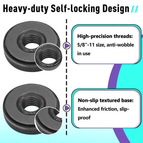 5/8-11 Angle Grinder Flange Nut Set with heavy-duty self-locking D-ring, knurled arbor nut, and non-slip textured base